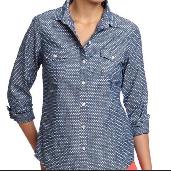 UEC OLD NAVY Blue White Polka Dot Long Sleeve Button-Up Chambray Shirt Sz M - Picture 1 of 8
